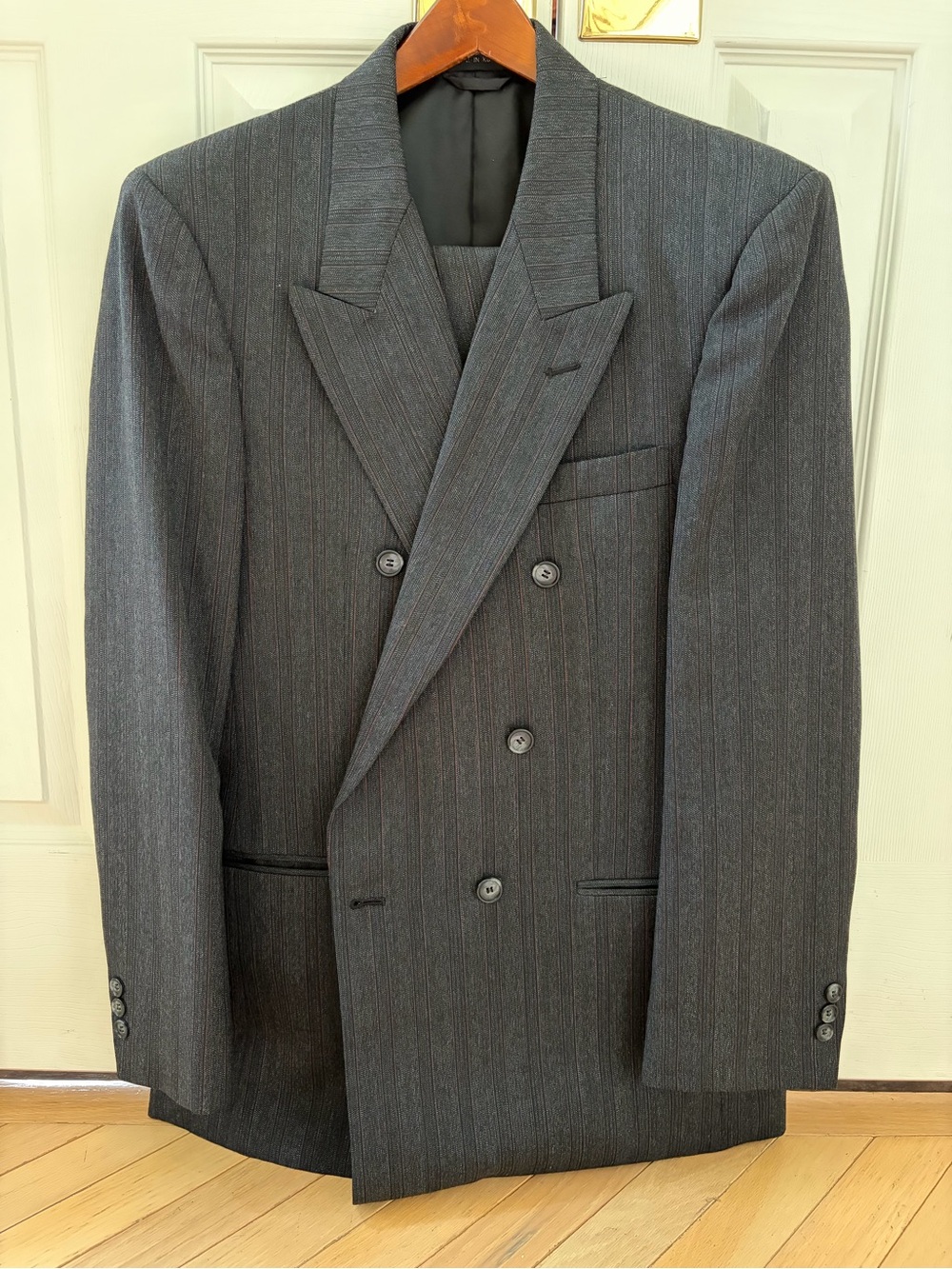 Double-Breasted Charcoal Pinstripe Men's Suit Jacket and Pants